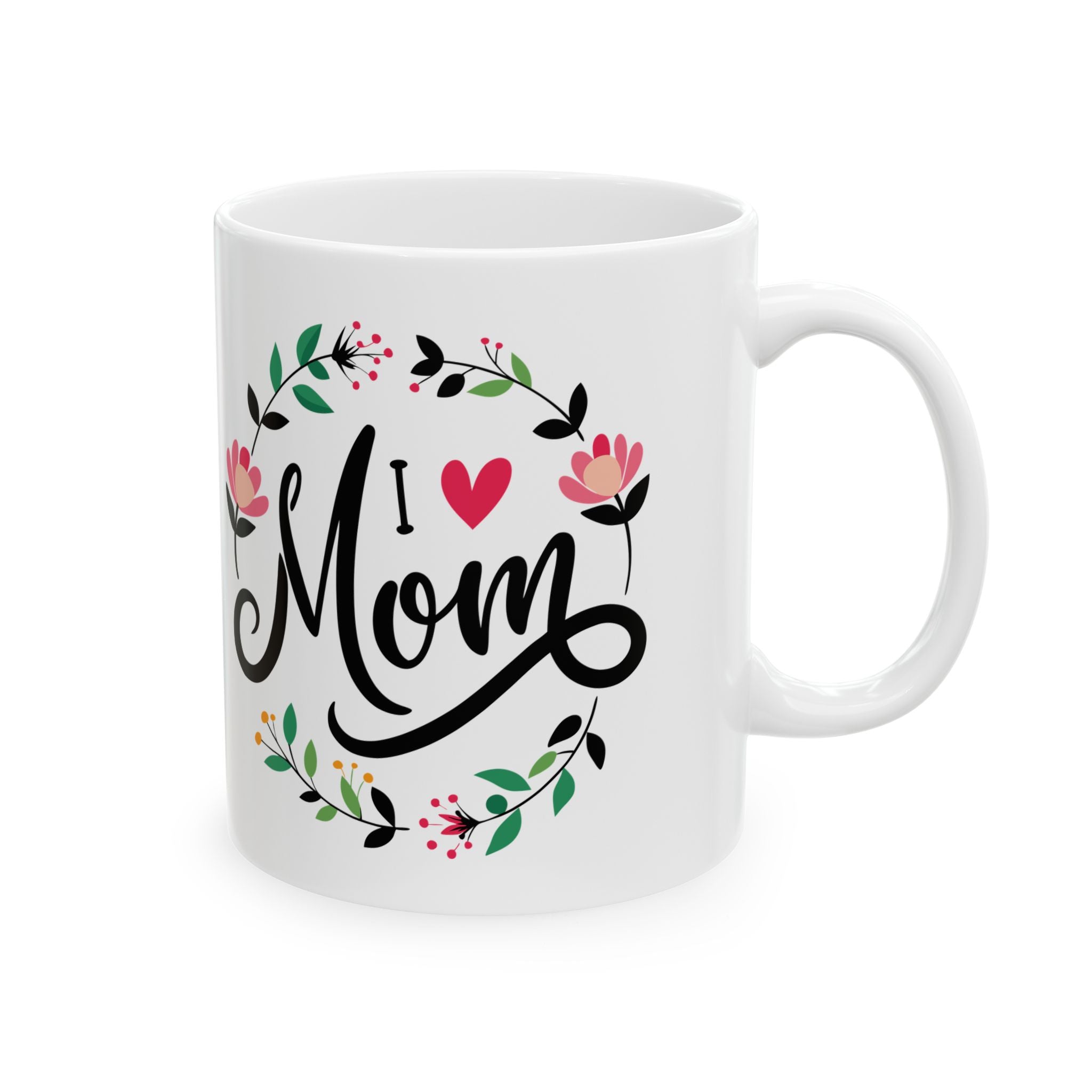 Mom Script Floral Mug, Ceramic Coffee Cup with Pink Flower Wreath, Mother's Day Gift