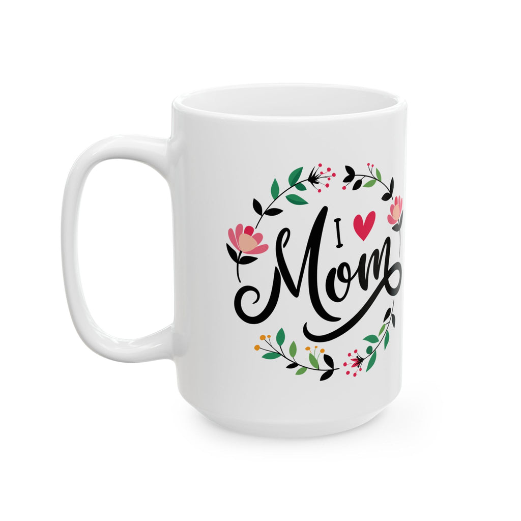 Mom Script Floral Mug, Ceramic Coffee Cup with Pink Flower Wreath, Mother's Day Gift