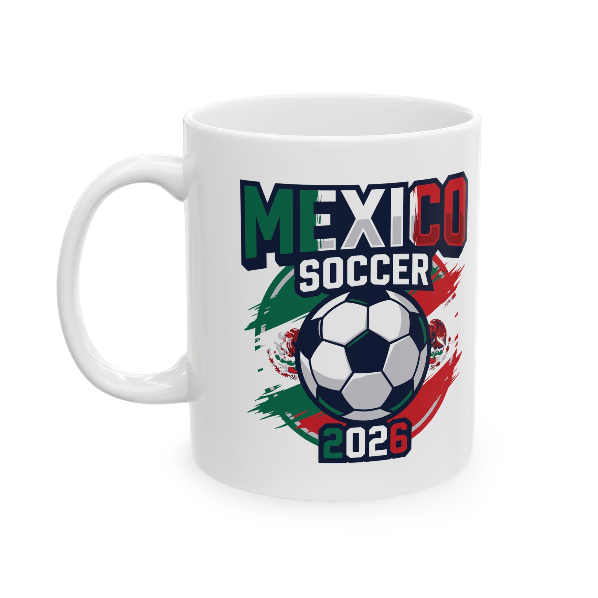 Mexico Soccer Crest Mug | Soccer Ball, Flag Graphics, World Cup 2026 Coffee Mugs, Mexico Flag