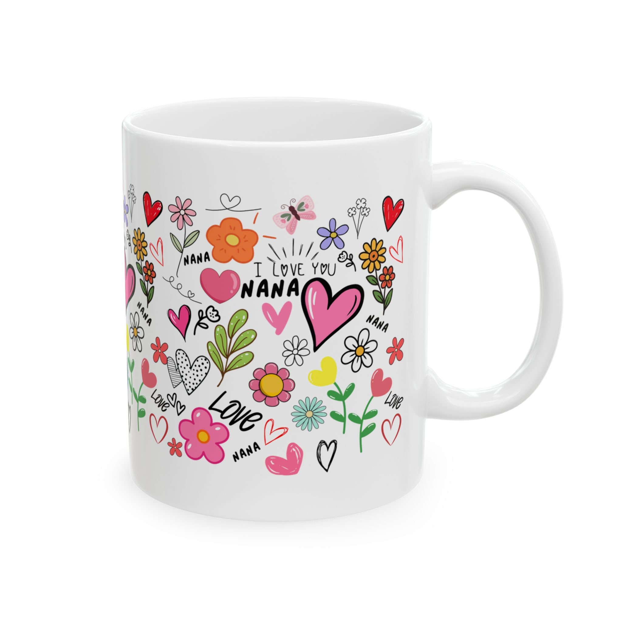 Hand-Drawn Hearts and Flowers Mug, I Love You Nana Ceramic Mug, Mother's Day Sale