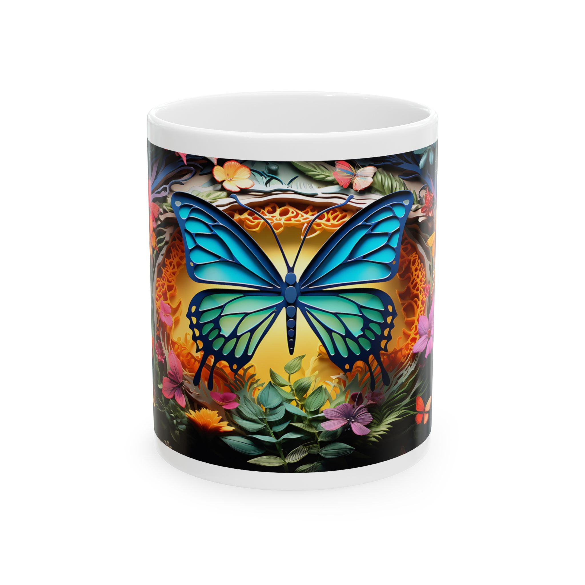 Blue Butterfly Floral Mug | Colorful Nature Ceramic Coffee Cup, Mother's Day Sale