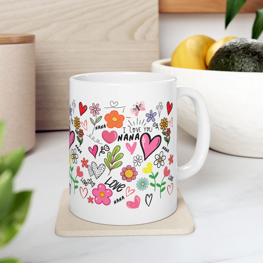 Hand-Drawn Hearts and Flowers Mug, I Love You Nana Ceramic Mug, Mother's Day Sale