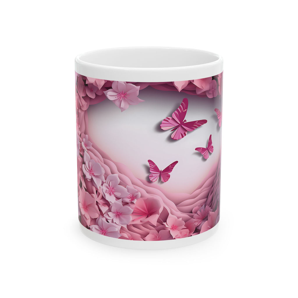 Pink Floral Heart with Butterflies Mug | Spring Flower Ceramic Mug, Mother's Day Sale