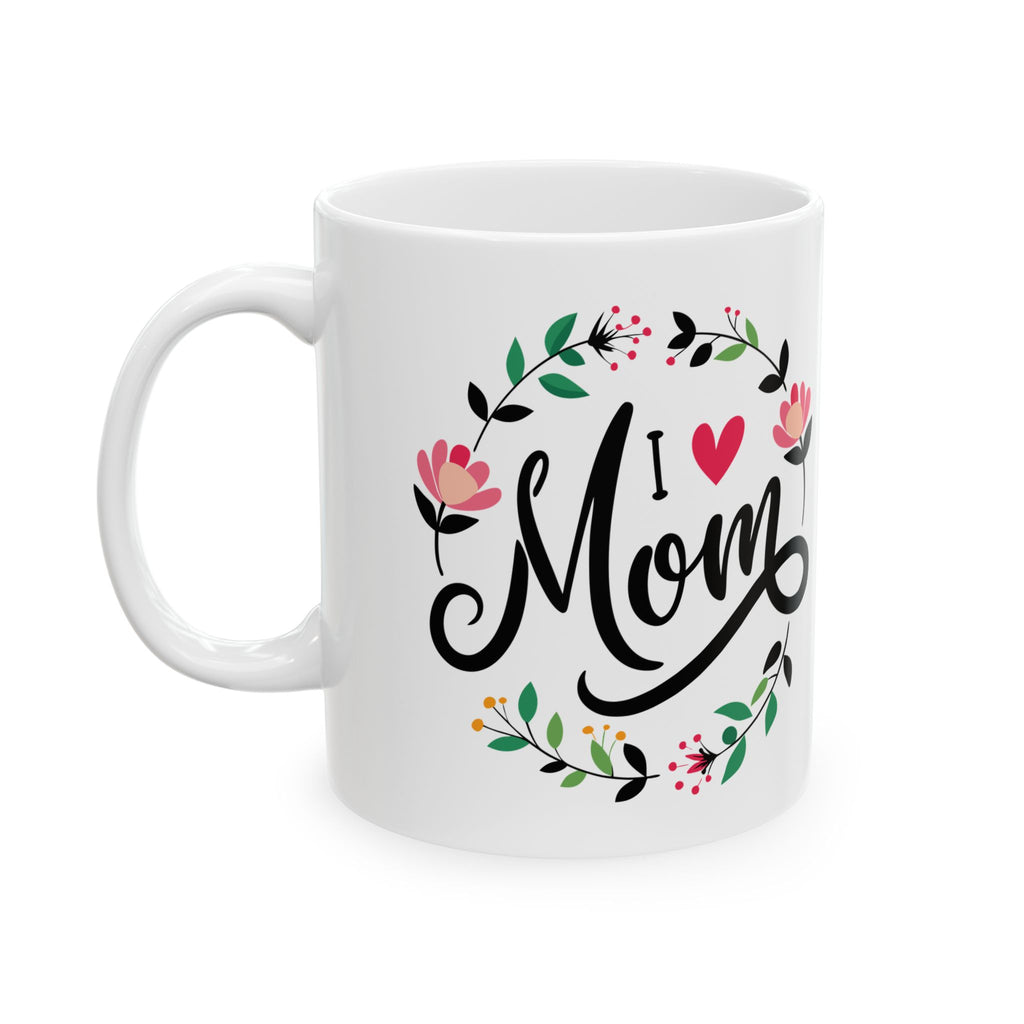 Mom Script Floral Mug, Ceramic Coffee Cup with Pink Flower Wreath, Mother's Day Gift