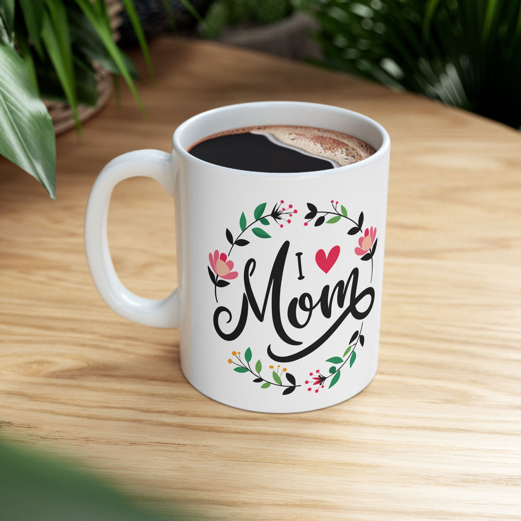 Mom Script Floral Mug, Ceramic Coffee Cup with Pink Flower Wreath, Mother's Day Gift