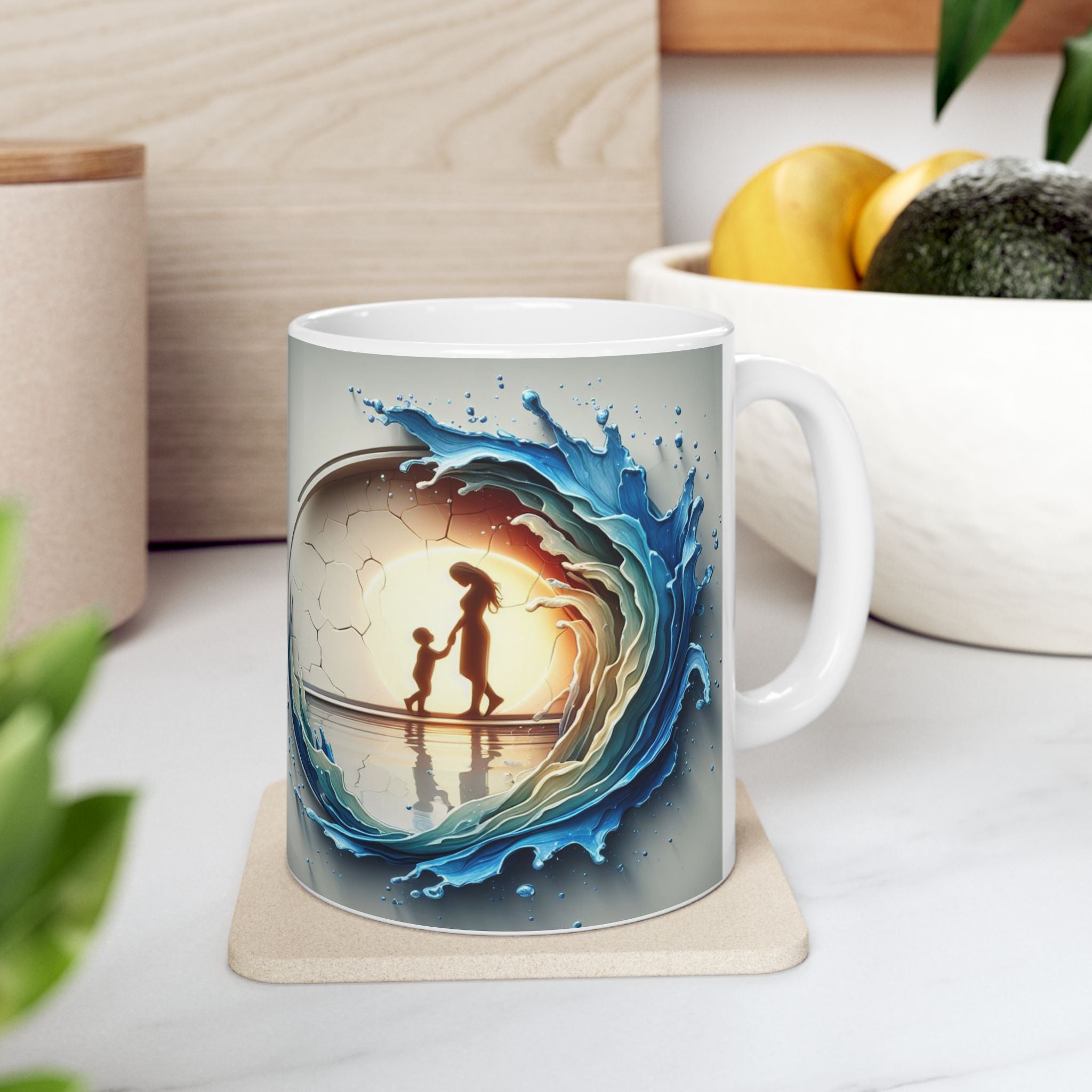 Ocean Wave Globe Illustration Mug | Ceramic Coffee Cup, Mother's Day Sale
