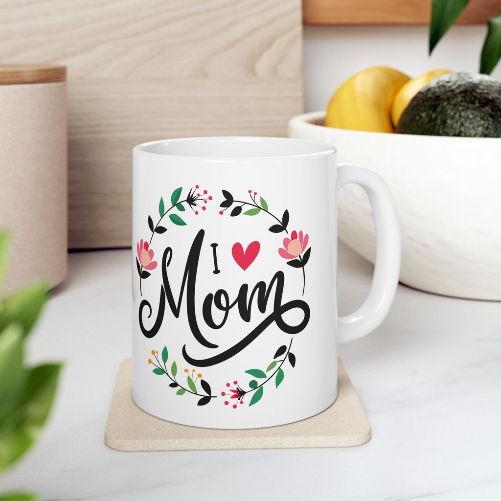 Mom Script Floral Mug, Ceramic Coffee Cup with Pink Flower Wreath, Mother's Day Gift
