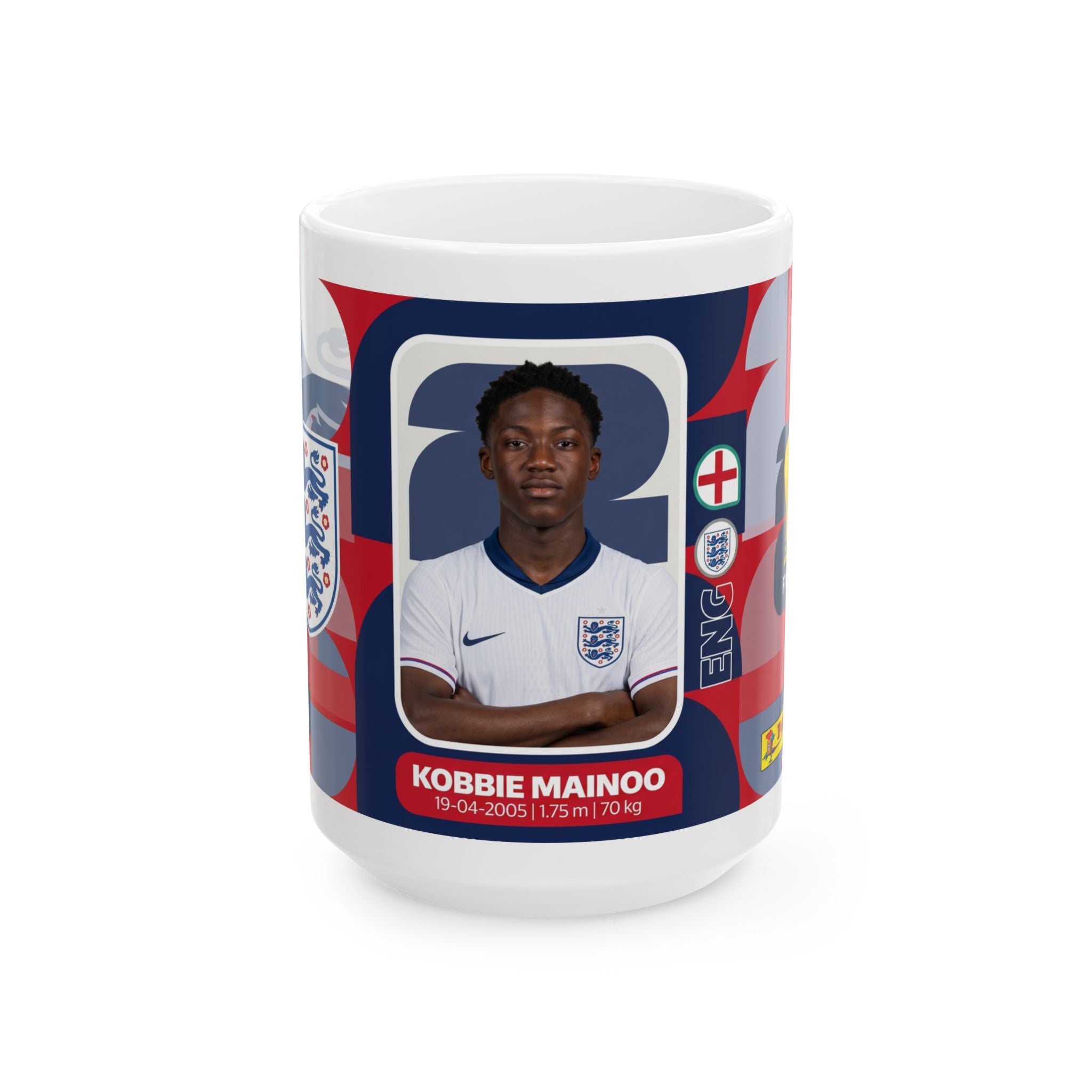 England Soccer Player KobbIe Mainoo Mug — Ceramic Coffee Cup (11oz/15oz), World Cup 2026 Mugs