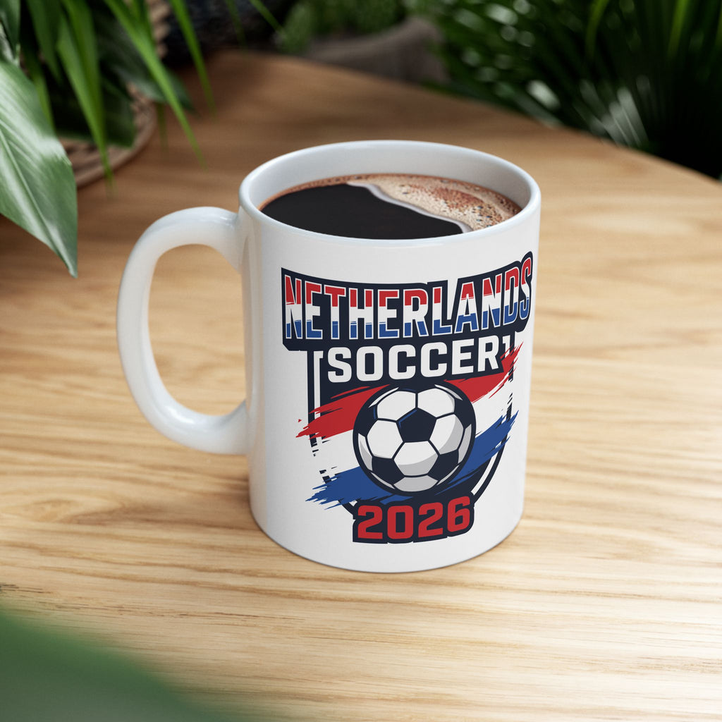 Netherlands Soccer 2026 Mug | Soccer Ball Flag Design, World Cup 2026 Coffee Mugs
