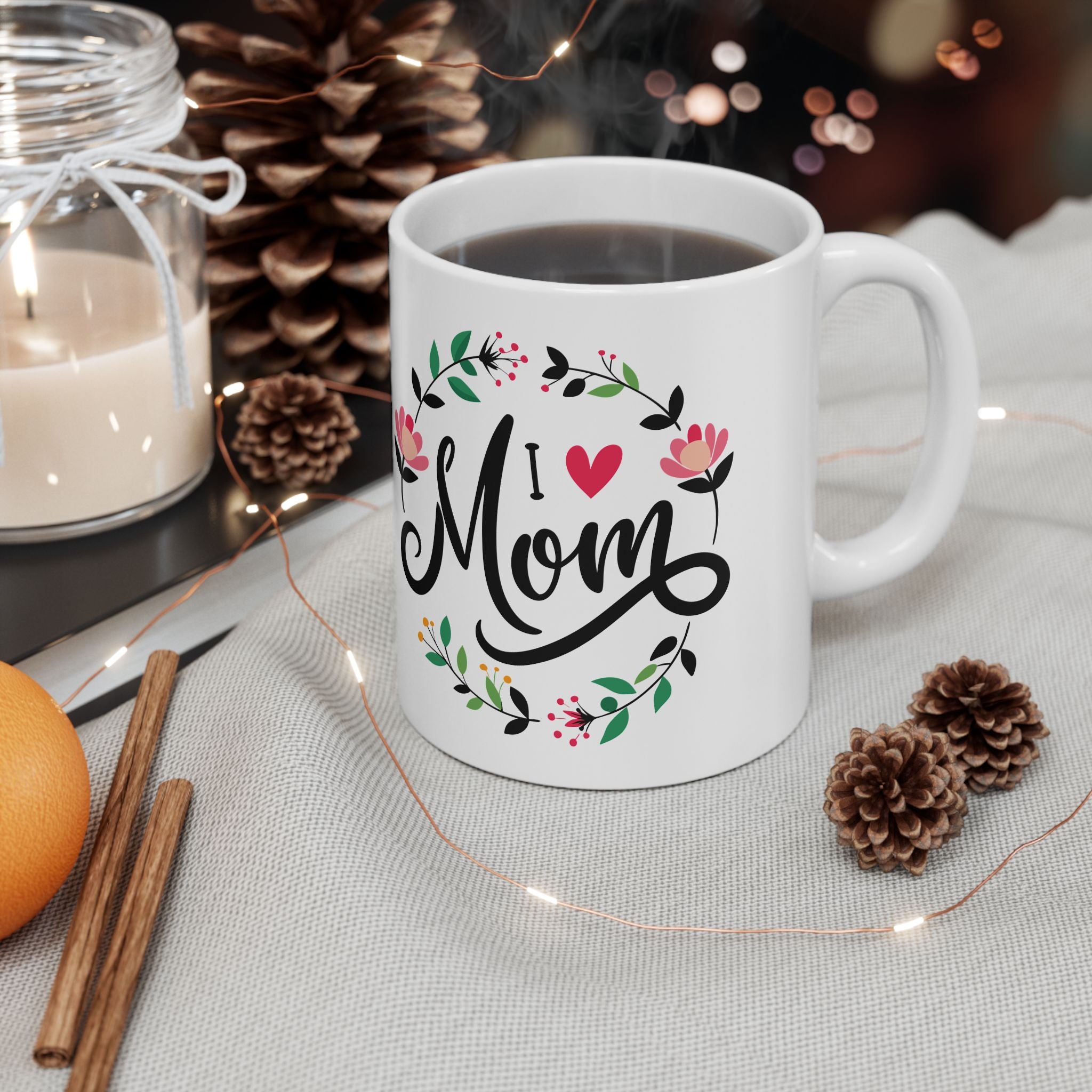 Mom Script Floral Mug, Ceramic Coffee Cup with Pink Flower Wreath, Mother's Day Gift
