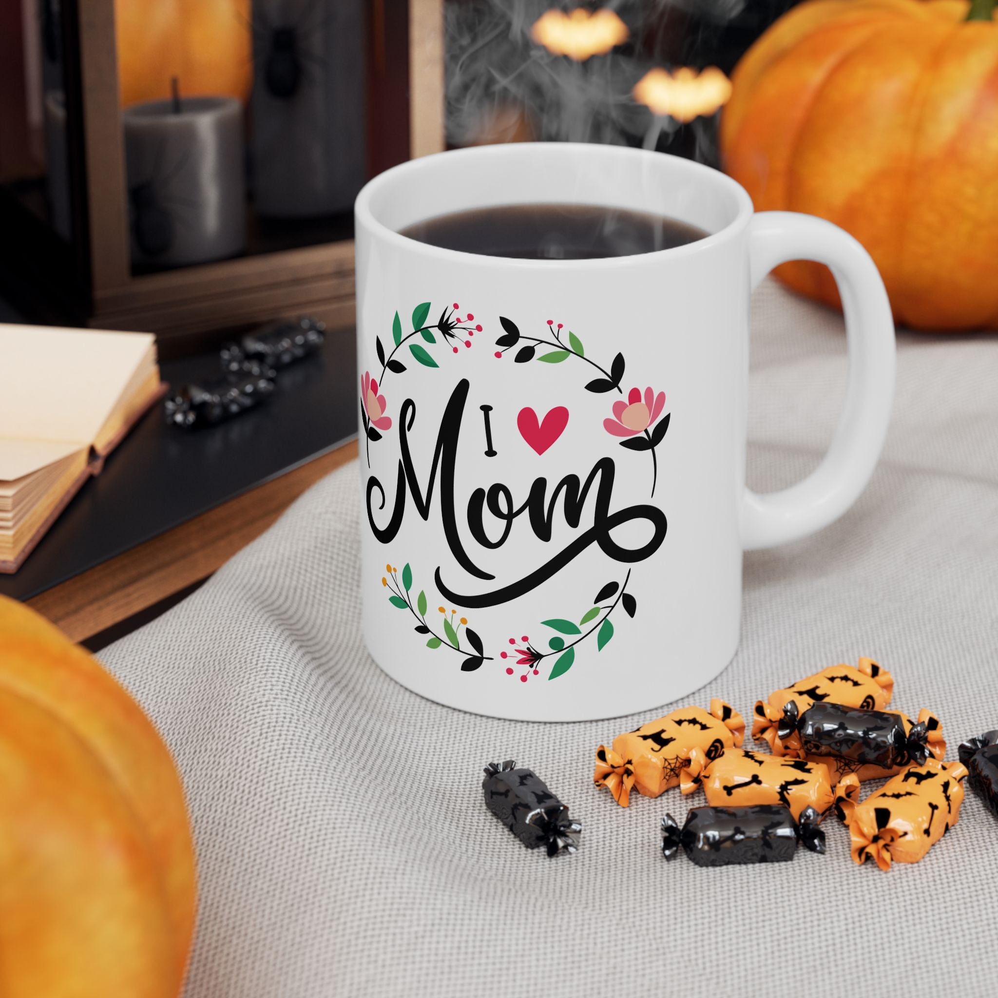 Mom Script Floral Mug, Ceramic Coffee Cup with Pink Flower Wreath, Mother's Day Gift