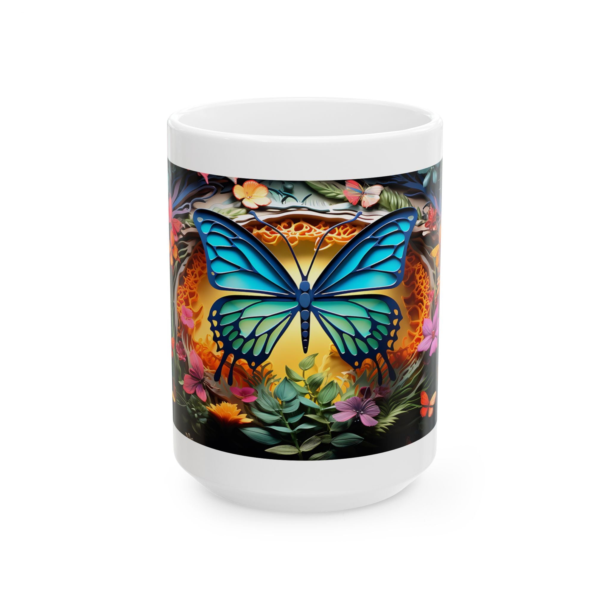 Blue Butterfly Floral Mug | Colorful Nature Ceramic Coffee Cup, Mother's Day Sale