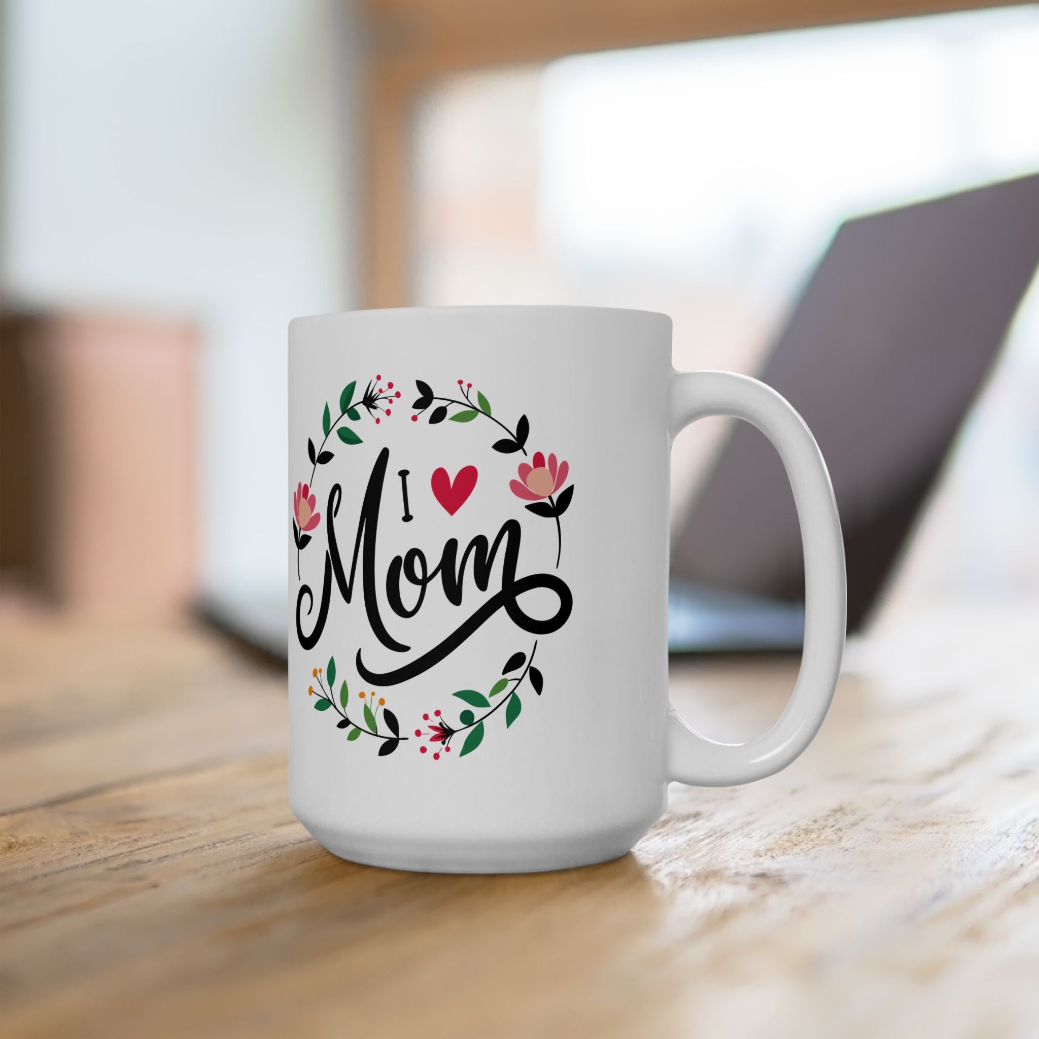 Mom Script Floral Mug, Ceramic Coffee Cup with Pink Flower Wreath, Mother's Day Gift