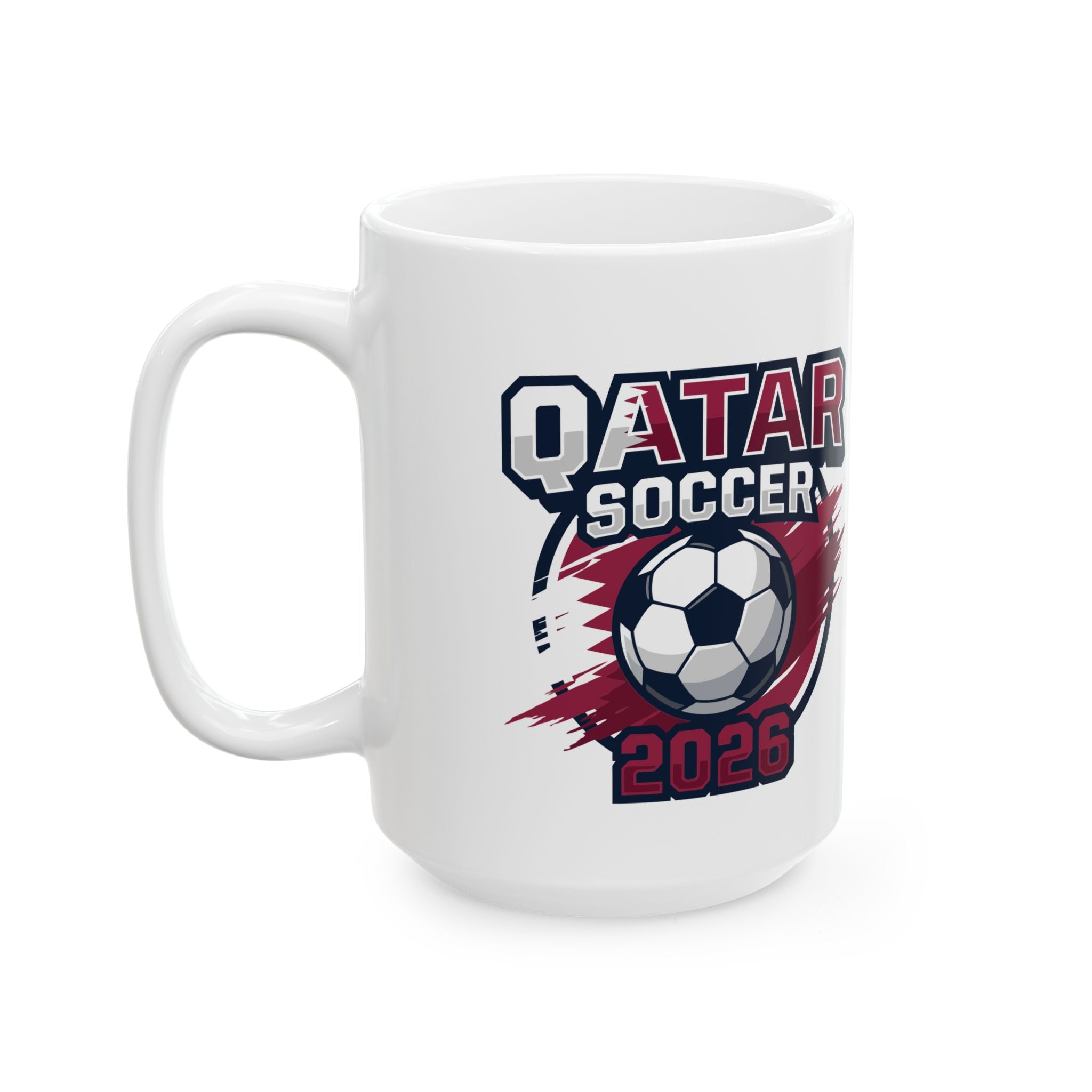 Qatar Soccer Badge Mug | Soccer Ball Logo Coffee Cup, World Cup 2026 Coffee Mugs, Qatar Fan