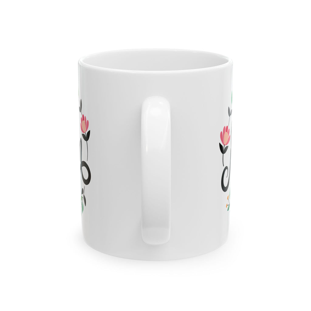 Mom Script Floral Mug, Ceramic Coffee Cup with Pink Flower Wreath, Mother's Day Gift