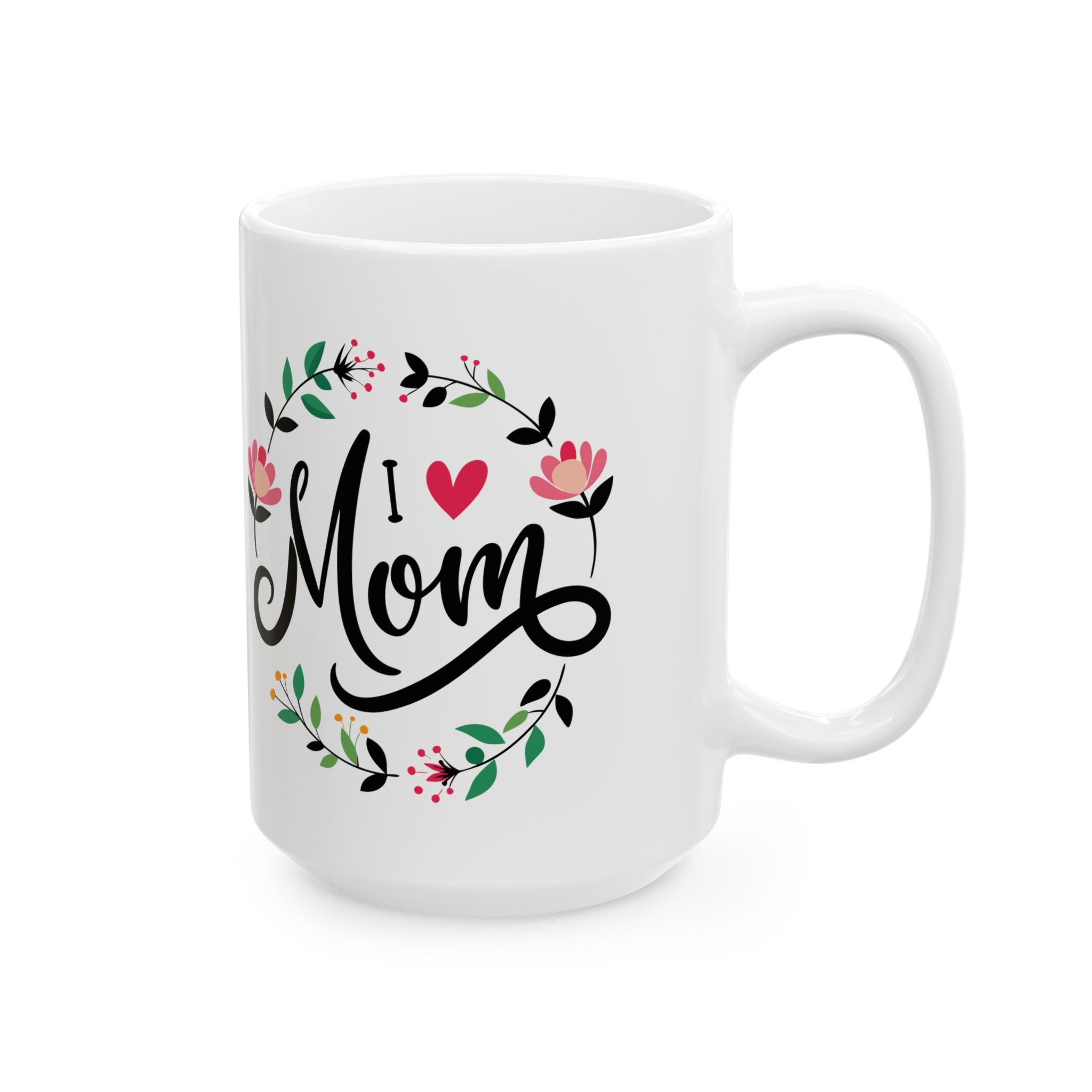 Mom Script Floral Mug, Ceramic Coffee Cup with Pink Flower Wreath, Mother's Day Gift
