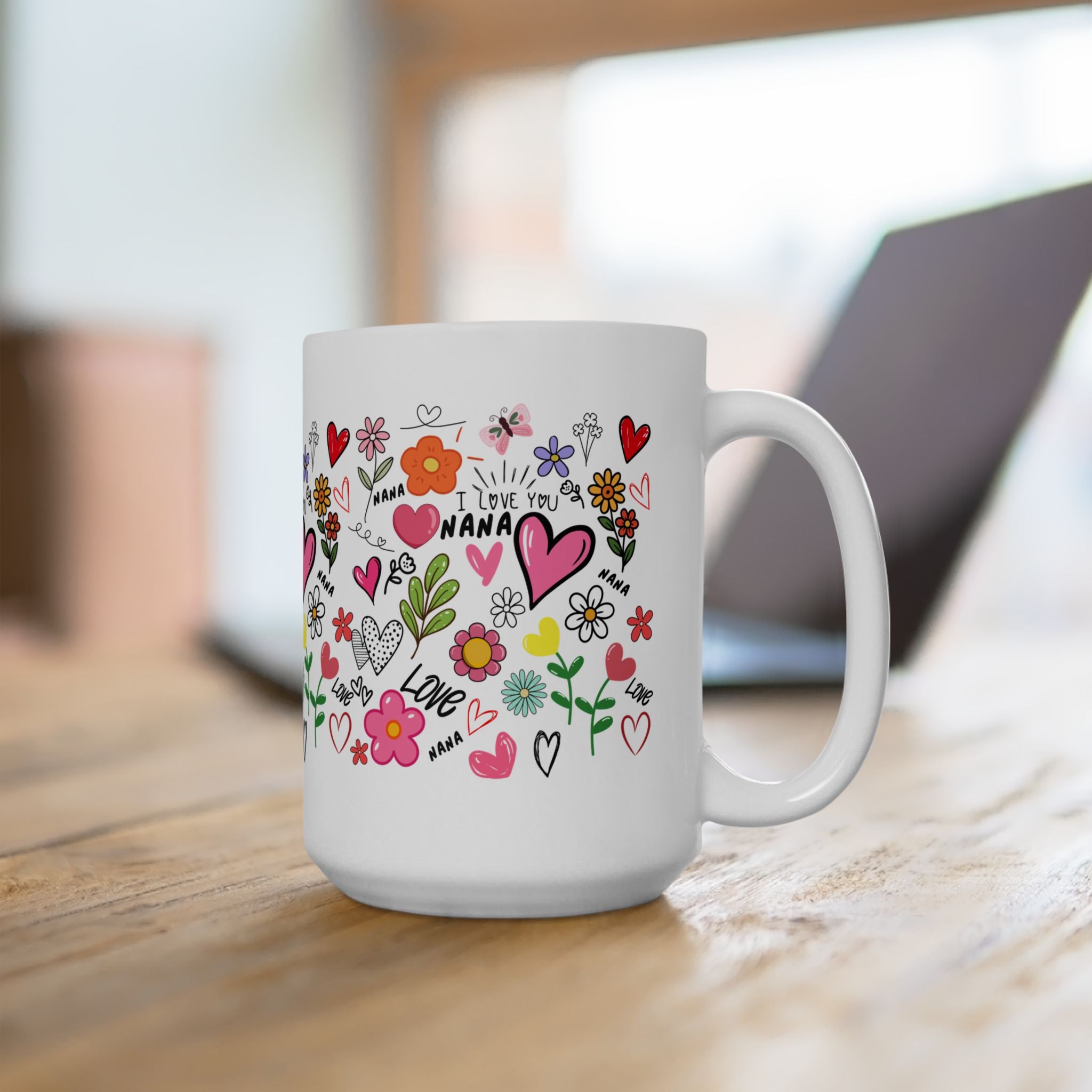 Hand-Drawn Hearts and Flowers Mug, I Love You Nana Ceramic Mug, Mother's Day Sale
