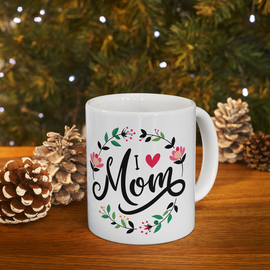Mom Script Floral Mug, Ceramic Coffee Cup with Pink Flower Wreath, Mother's Day Gift