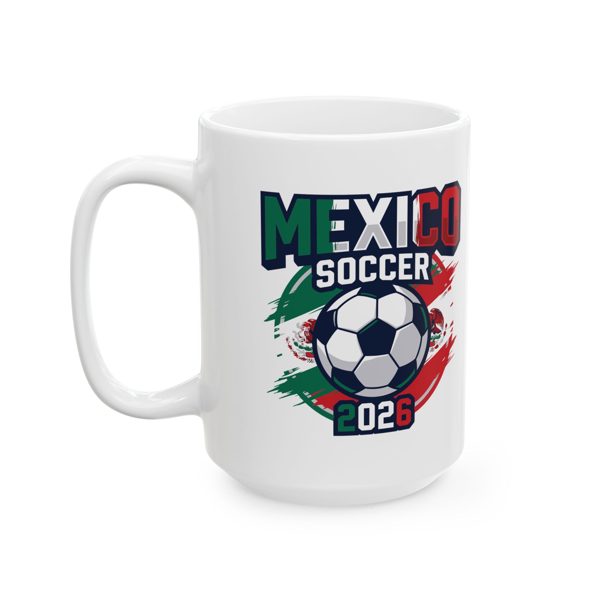 Mexico Soccer Crest Mug | Soccer Ball, Flag Graphics, World Cup 2026 Coffee Mugs, Mexico Flag
