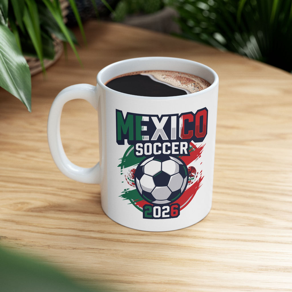 Mexico Soccer Crest Mug | Soccer Ball, Flag Graphics, World Cup 2026 Coffee Mugs, Mexico Flag