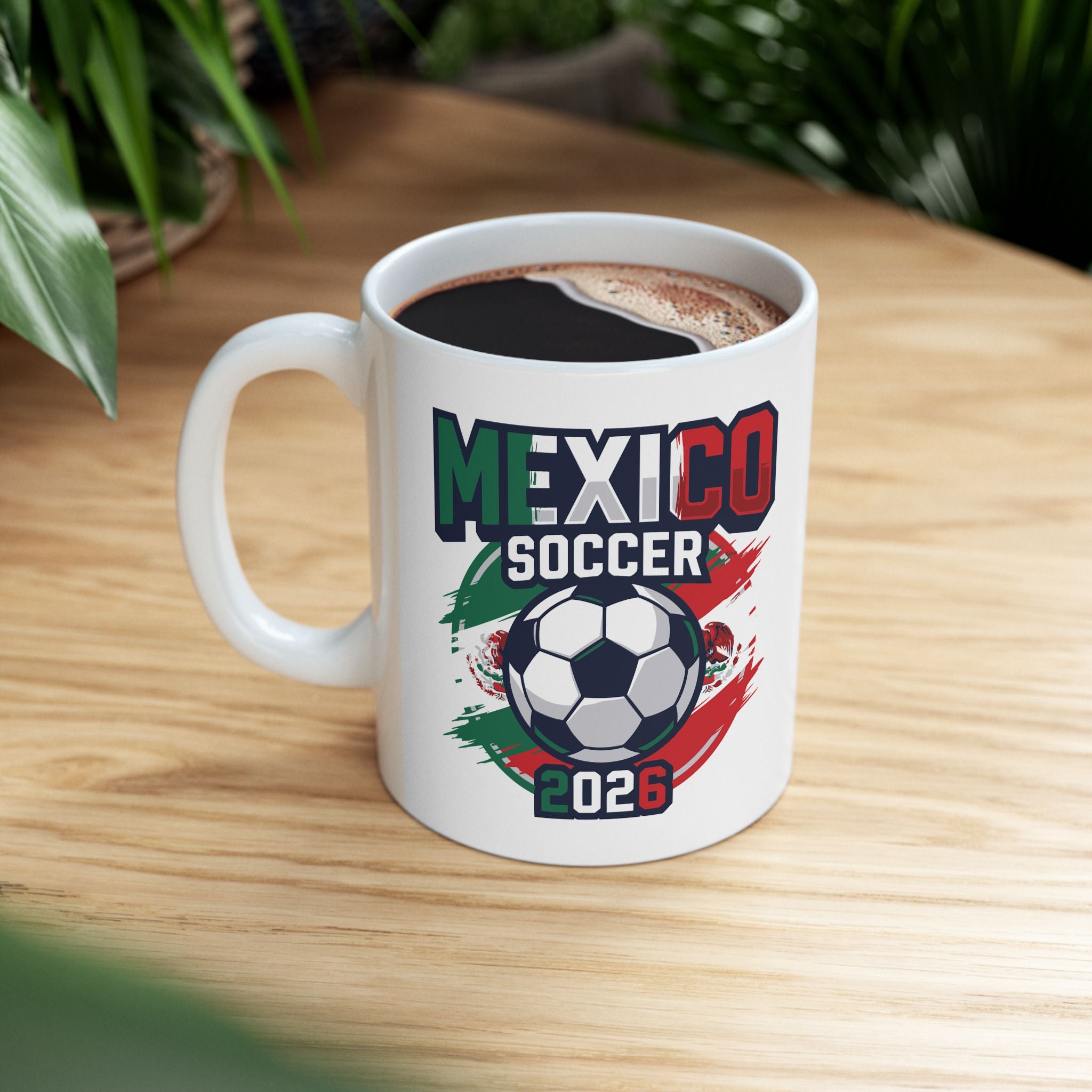 Mexico Soccer Crest Mug | Soccer Ball, Flag Graphics, World Cup 2026 Coffee Mugs, Mexico Flag